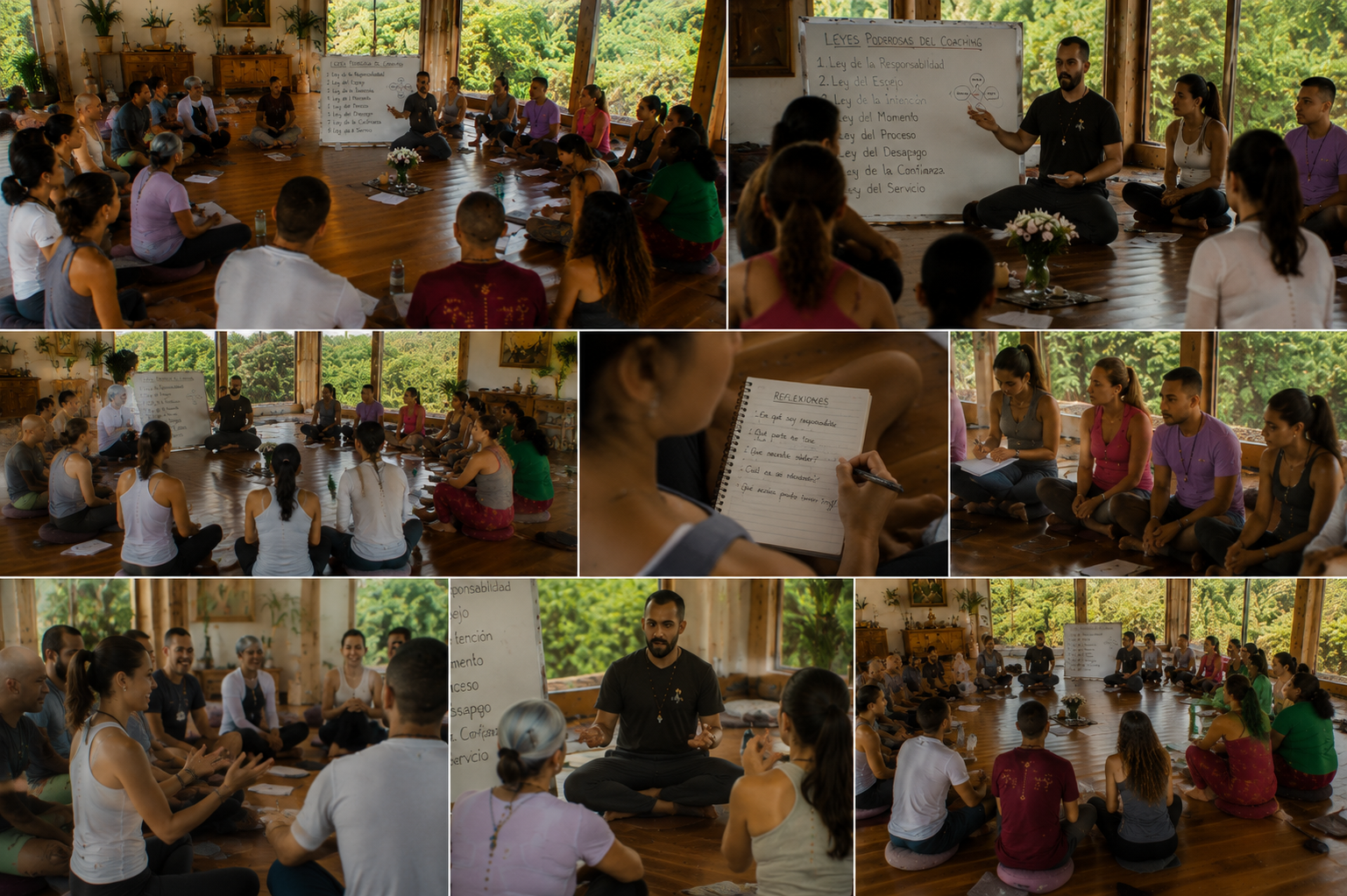 Participantes del retiro holístico de counseling disfrutando experiencias de sanación y bienestar