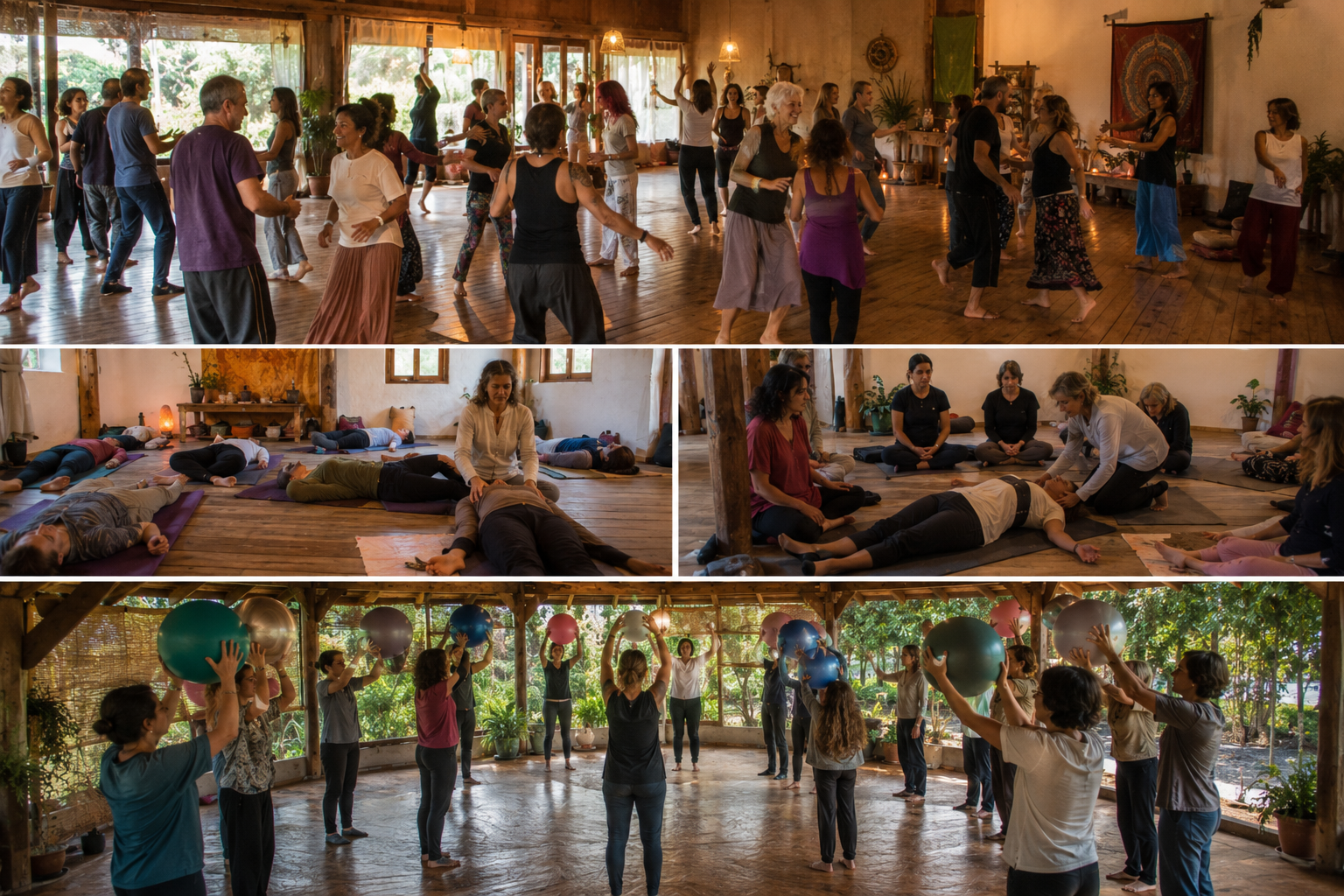 Participantes del retiro holístico de counseling disfrutando experiencias de sanación y bienestar