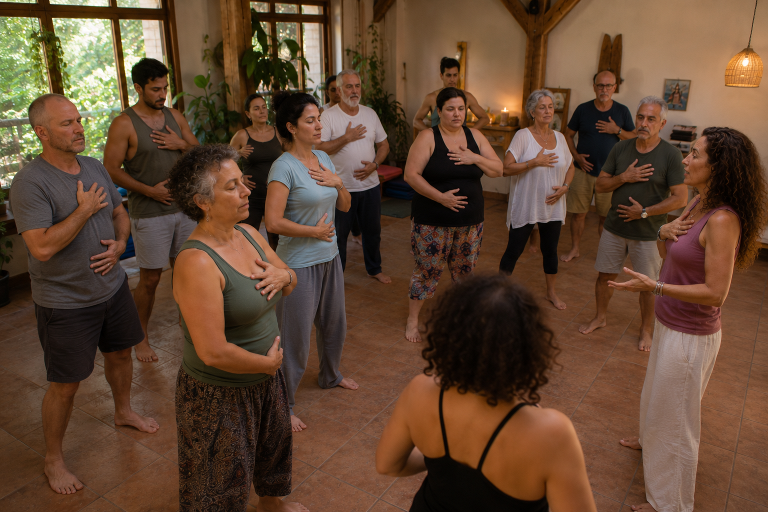 Participantes del retiro holístico de counseling disfrutando experiencias de sanación y bienestar