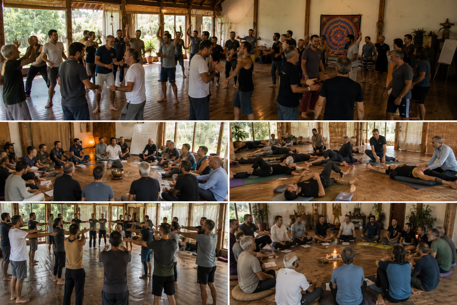 Participantes del retiro holístico de counseling disfrutando experiencias de sanación y bienestar