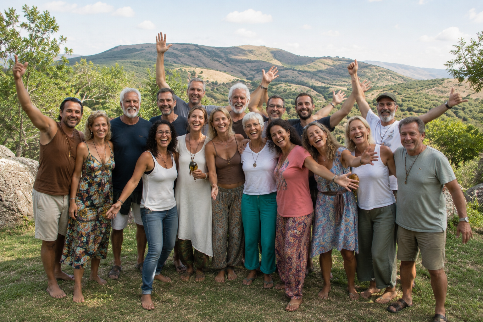 Participantes del retiro holístico de counseling disfrutando experiencias de sanación y bienestar