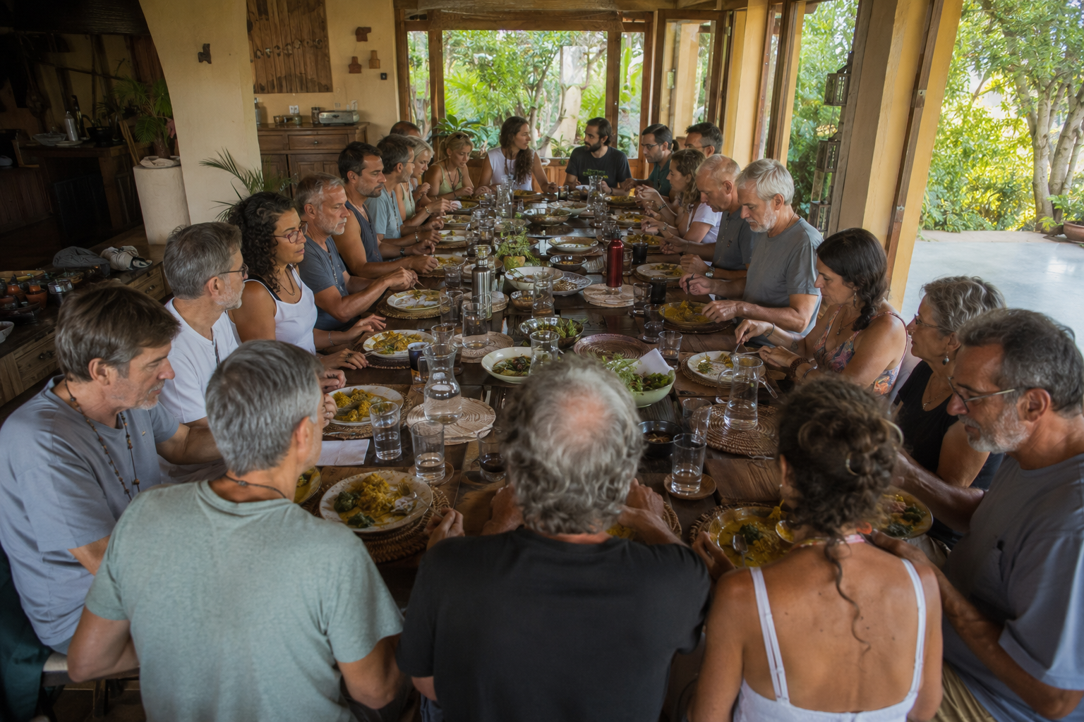 Participantes del retiro holístico de counseling disfrutando experiencias de sanación y bienestar