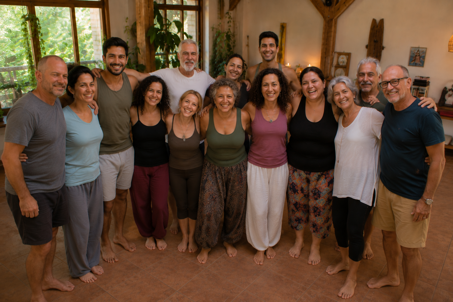 Participantes del retiro holístico de counseling disfrutando experiencias de sanación y bienestar