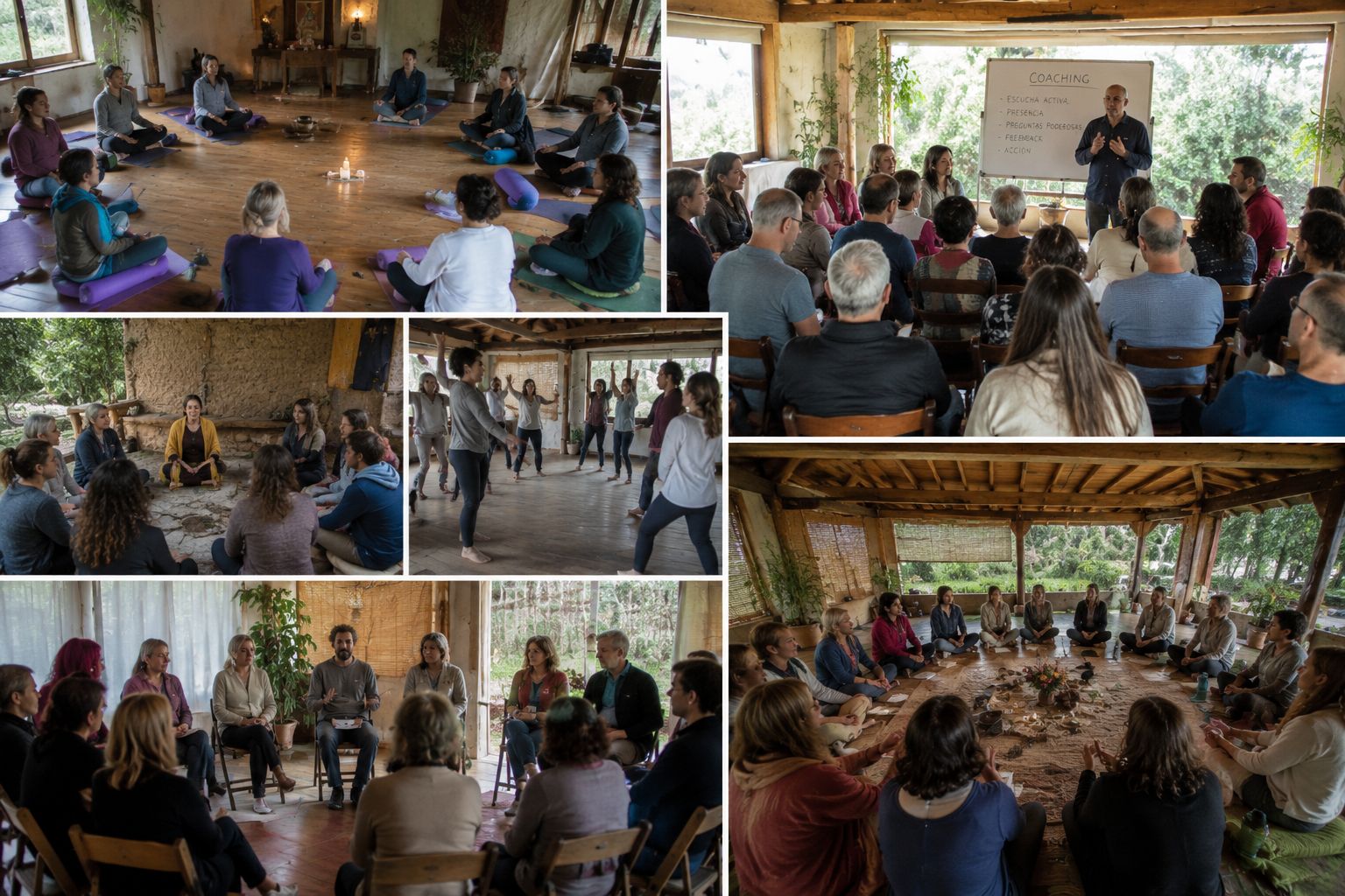 Participantes del retiro holístico de counseling disfrutando experiencias de sanación y bienestar