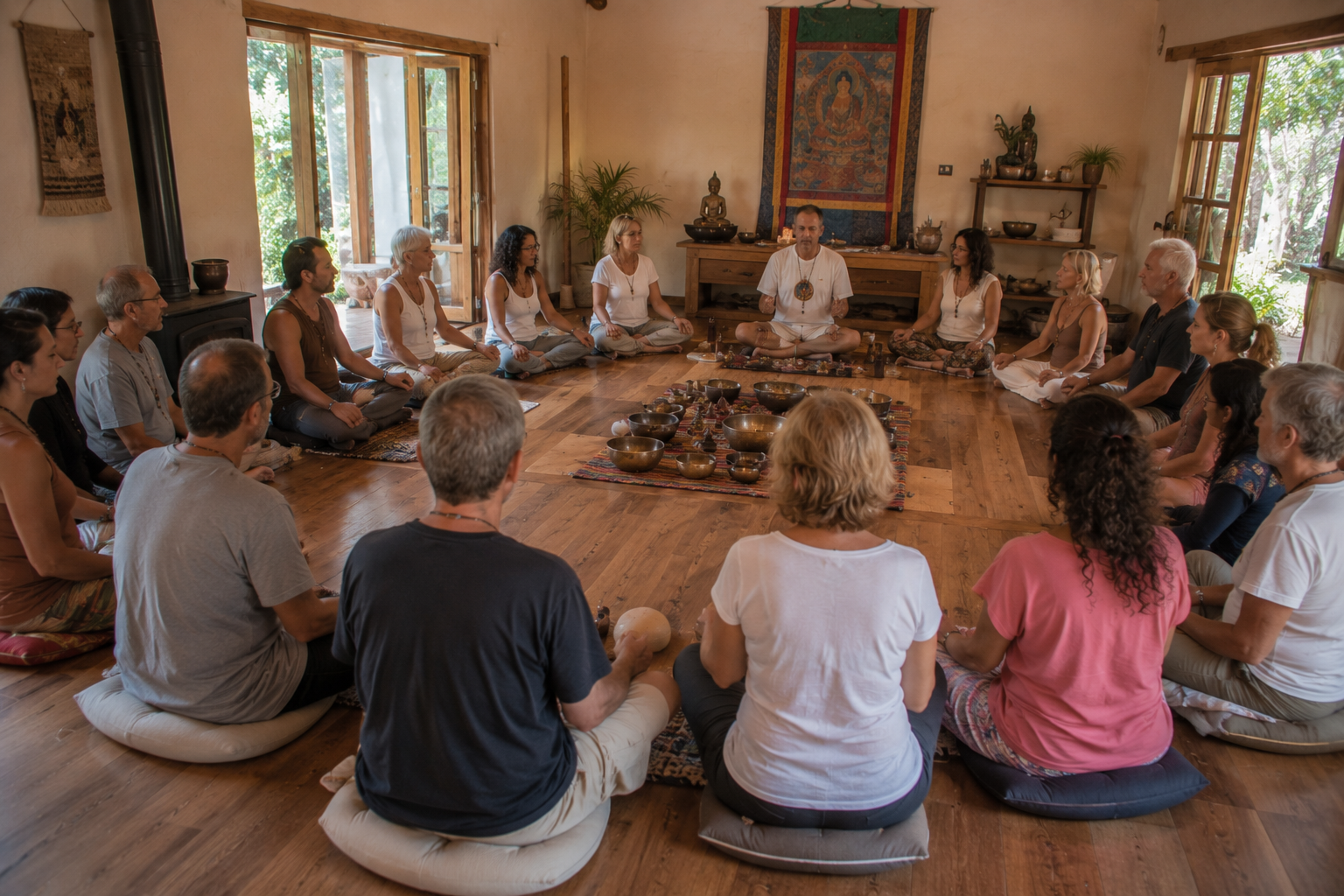 Participantes del retiro holístico de counseling disfrutando experiencias de sanación y bienestar