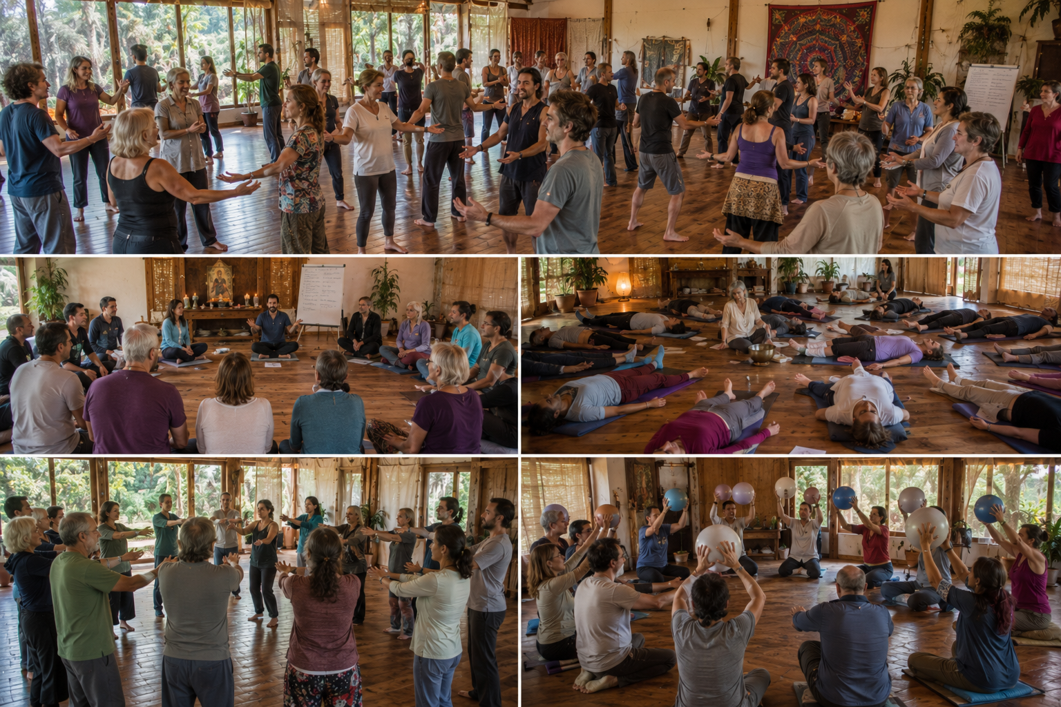Participantes del retiro holístico de counseling disfrutando experiencias de sanación y bienestar