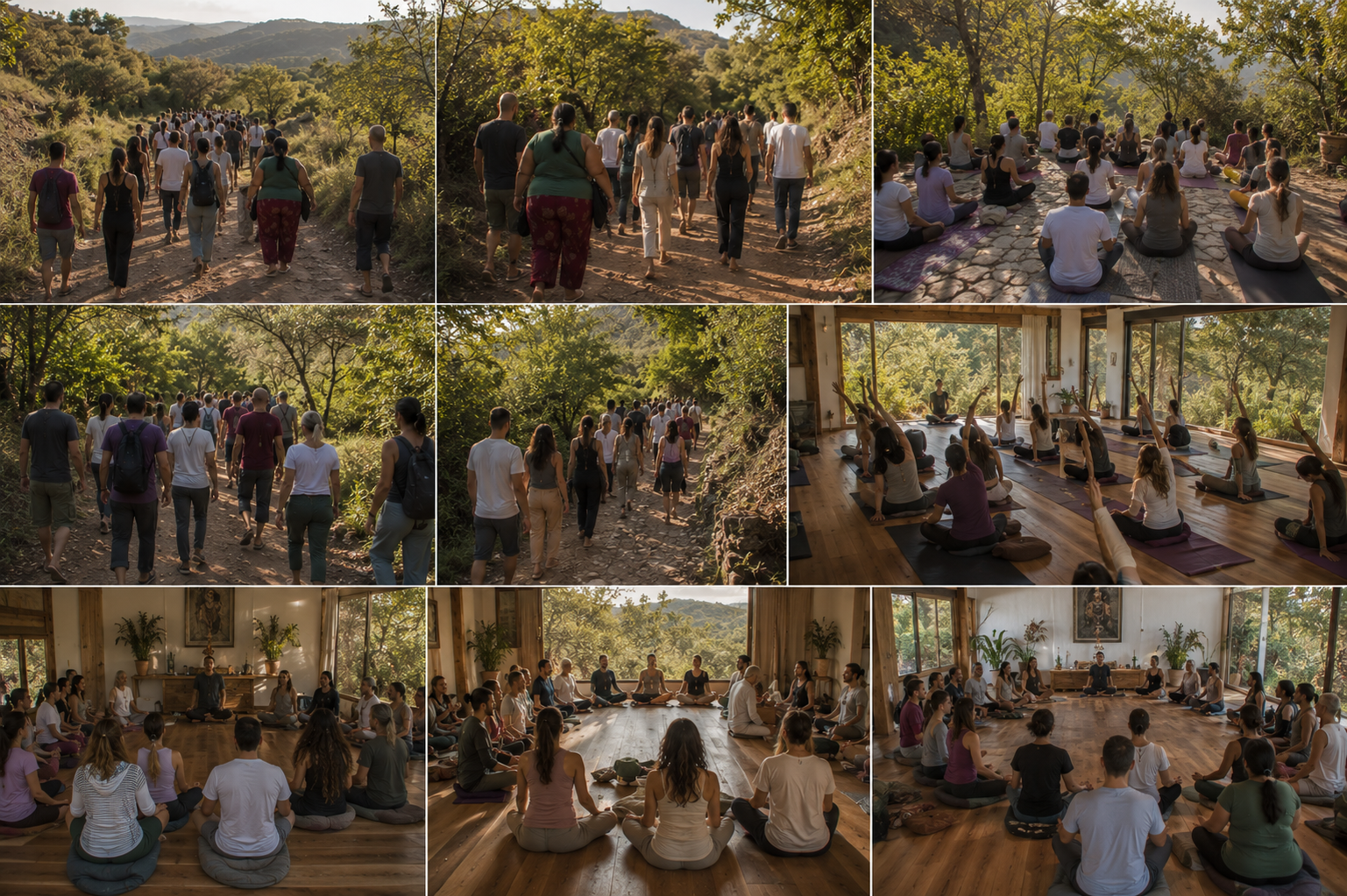 Participantes del retiro holístico de counseling disfrutando experiencias de sanación y bienestar