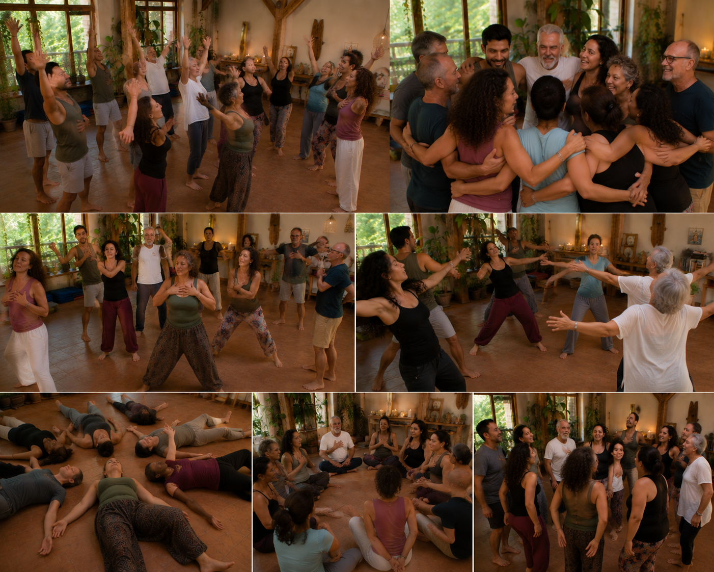Participantes del retiro holístico de counseling disfrutando experiencias de sanación y bienestar