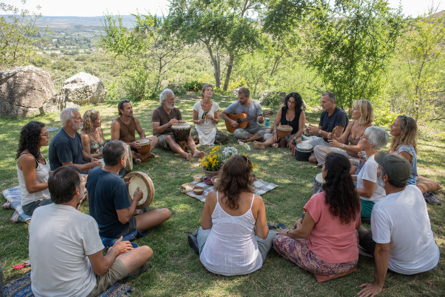 Participantes del retiro holístico de counseling disfrutando experiencias de sanación y bienestar