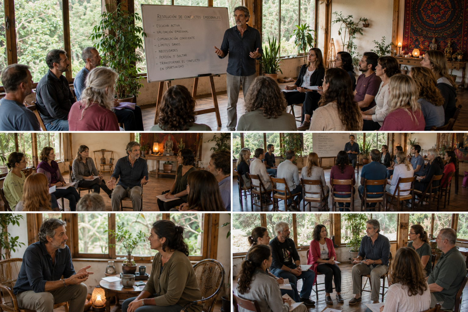 Participantes del retiro holístico de counseling disfrutando experiencias de sanación y bienestar